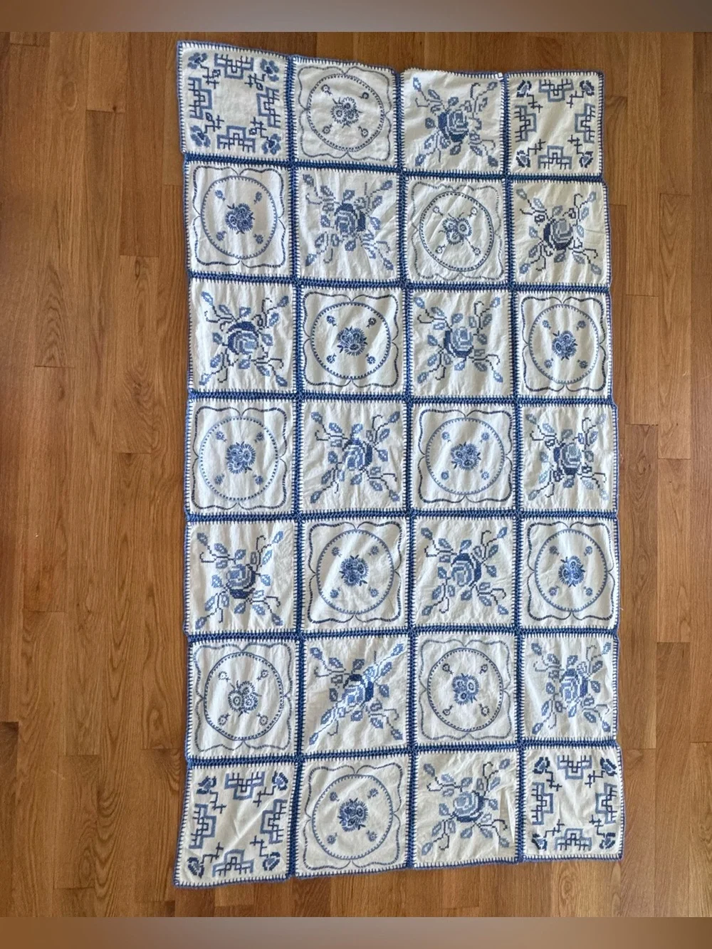 Vintage Hand Embroidered Bluework Table Runner Dresser Scarf Crocheted Floral